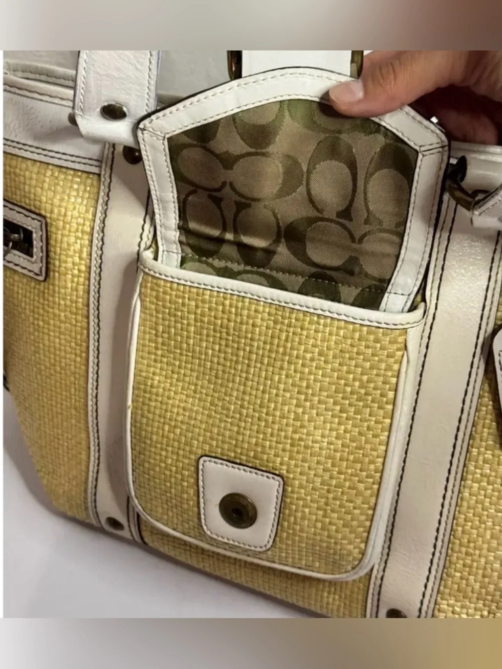 COACH BAG Y2K NATURAL STRAW WHITE LEATHER TRIM LEGACY HANDBAG TOTE